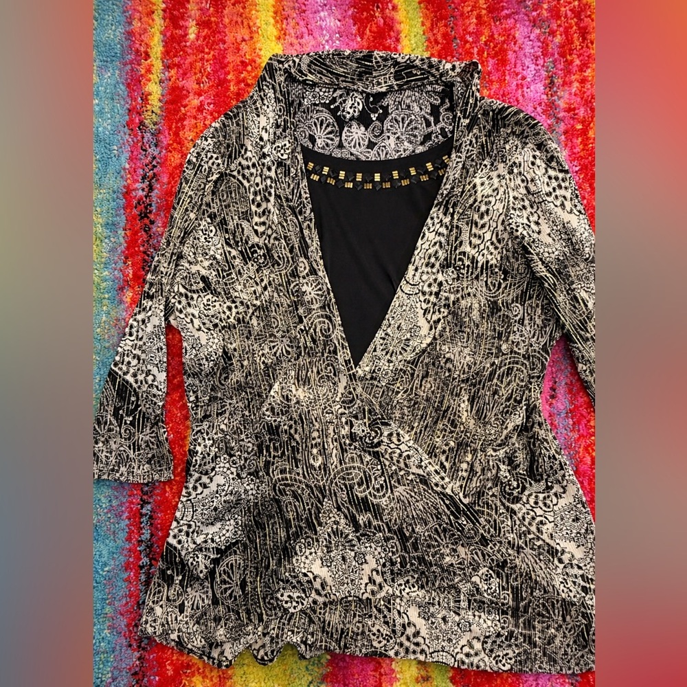 Abstract Print Surplice Wrap Tunic Black Ivory Gold Stud Detail Plus Size 1X